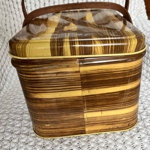 Vintage Metal PICNIC BASKET w/ Handles Yellow Wood Grain Tin Litho